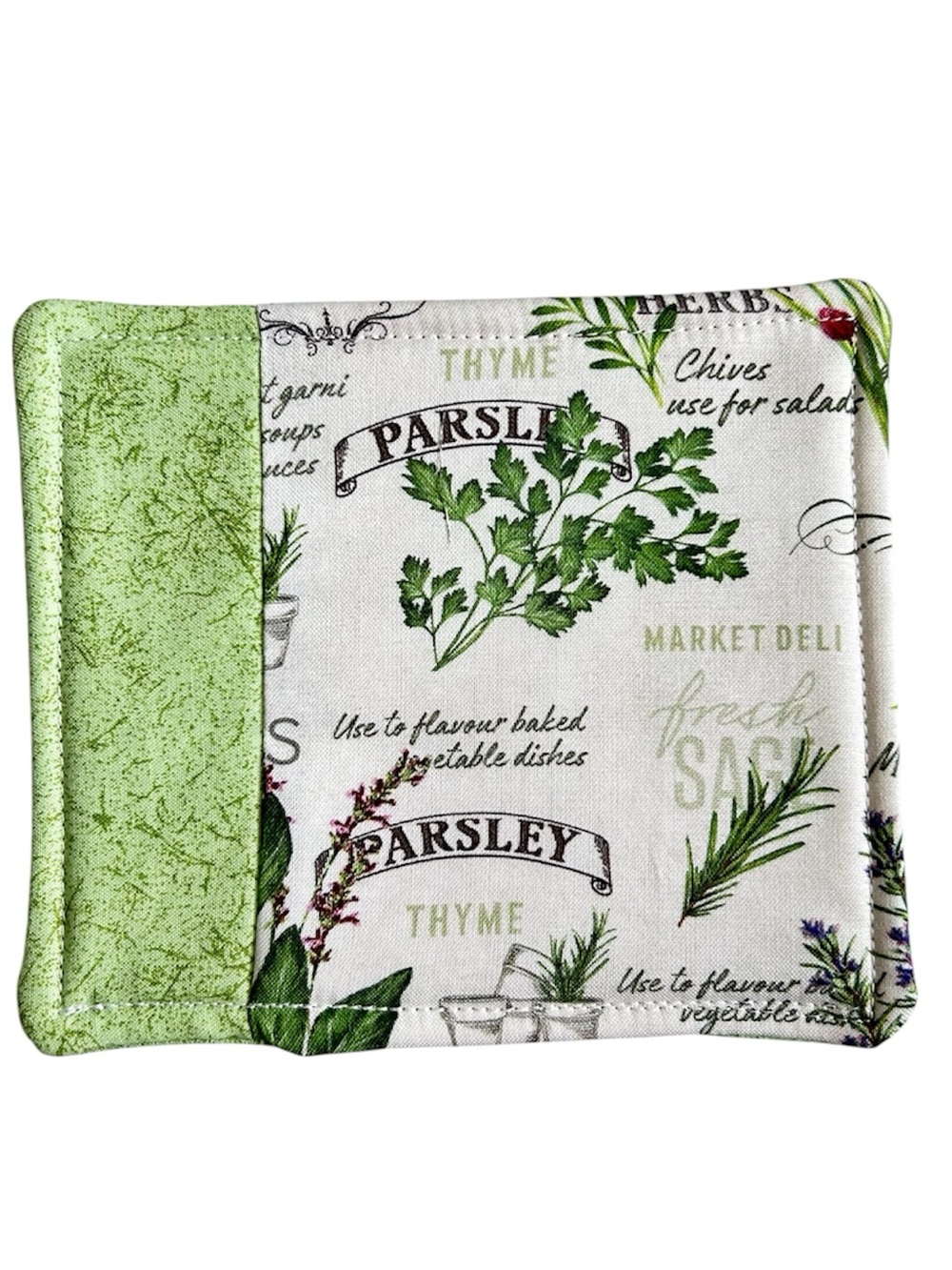 Hand Crafted Parsley Thyme Herb Print Quilted Coffee Mug Rug Coaster Cotton